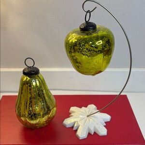 Green Glass 4 inch Pear & 3 inch Apple Christmas Ornaments Lot of 2 Vintage